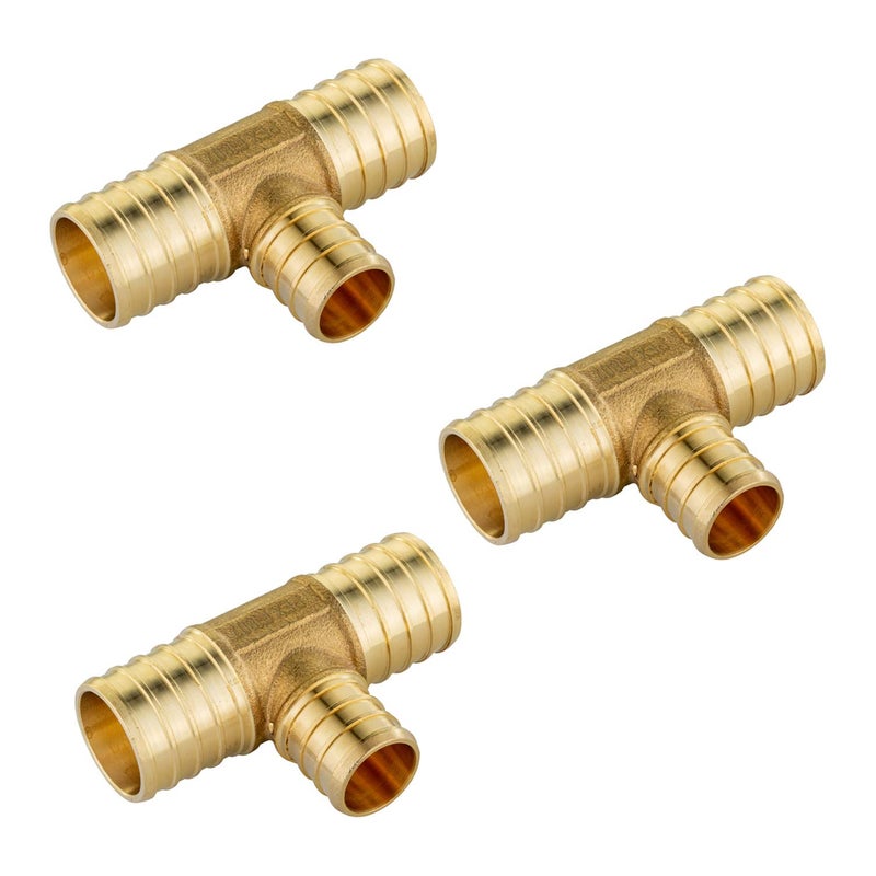 EFIELD (Pack of 3) EFIELD 1" x 1"x 3/4" Barb Crimp Pex Reducing Tee Brass Fittings, ASTM F1807,(PEX1807090-3PCS) - Image 1